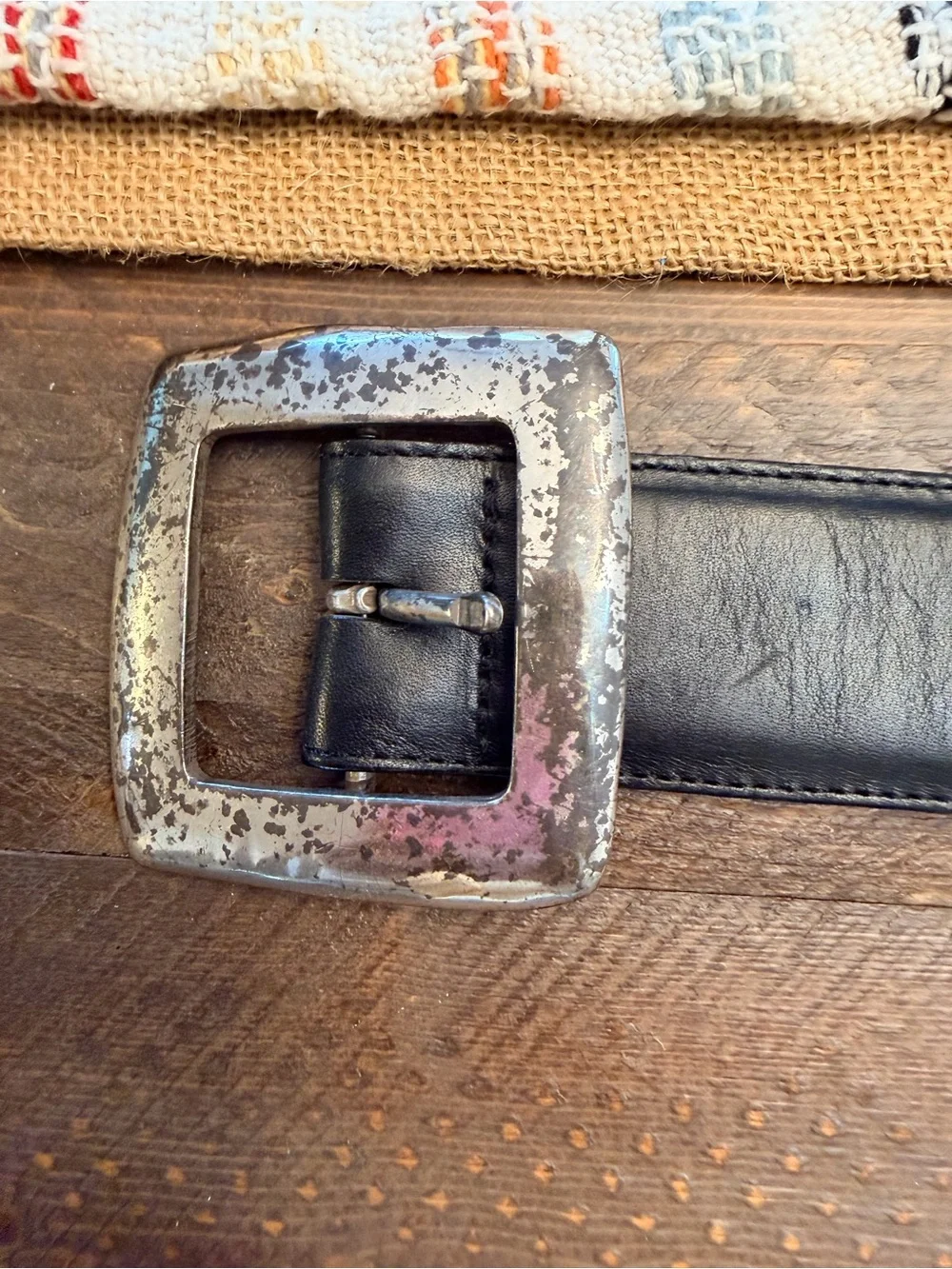 Vintage 1995 Brighton Black Leather Square Buckle Belt Size L 49403 Distressed